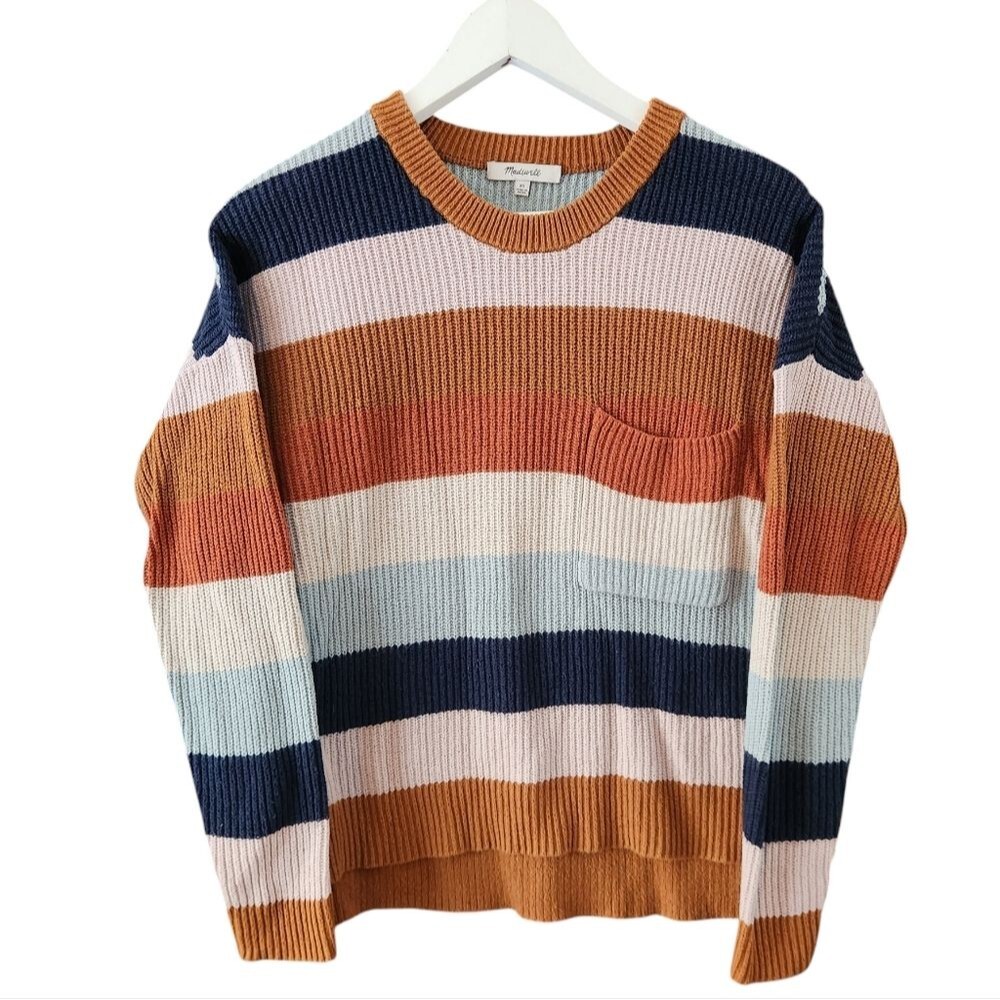 Madewell Striped Crewneck Sweater in Rust, Navy & Light Blue